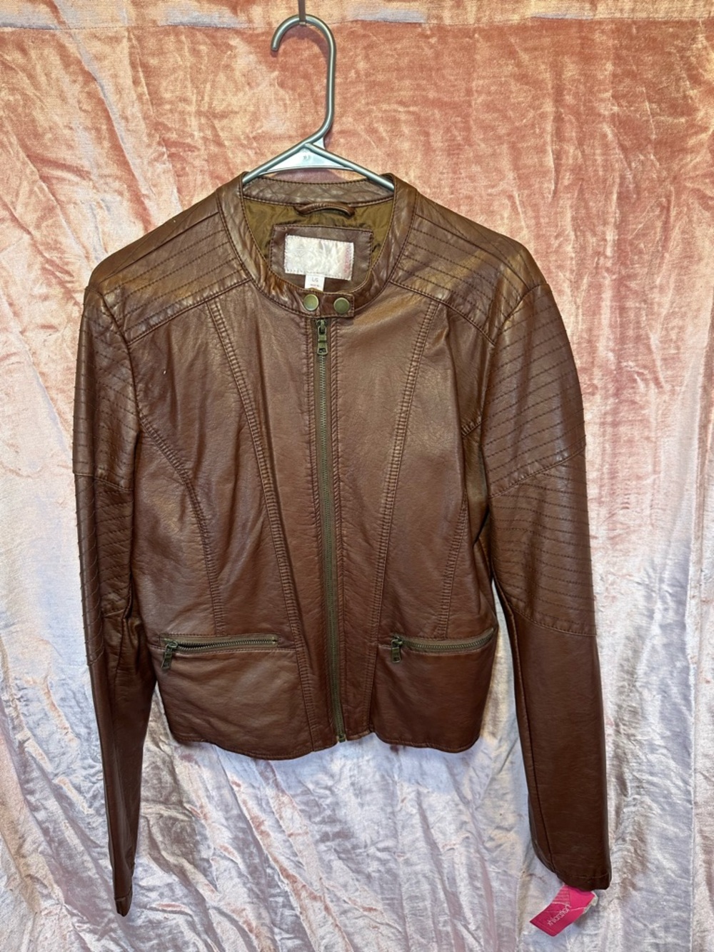 Xhilaration Brown Faux Leather Moto Jacket with Quilted Shoulders